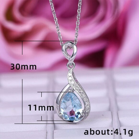 Elegant Water Drop Zircon Light Blue Hollow Pear Silver Plated Necklace,EVGG1011 - Picture 5 of 9